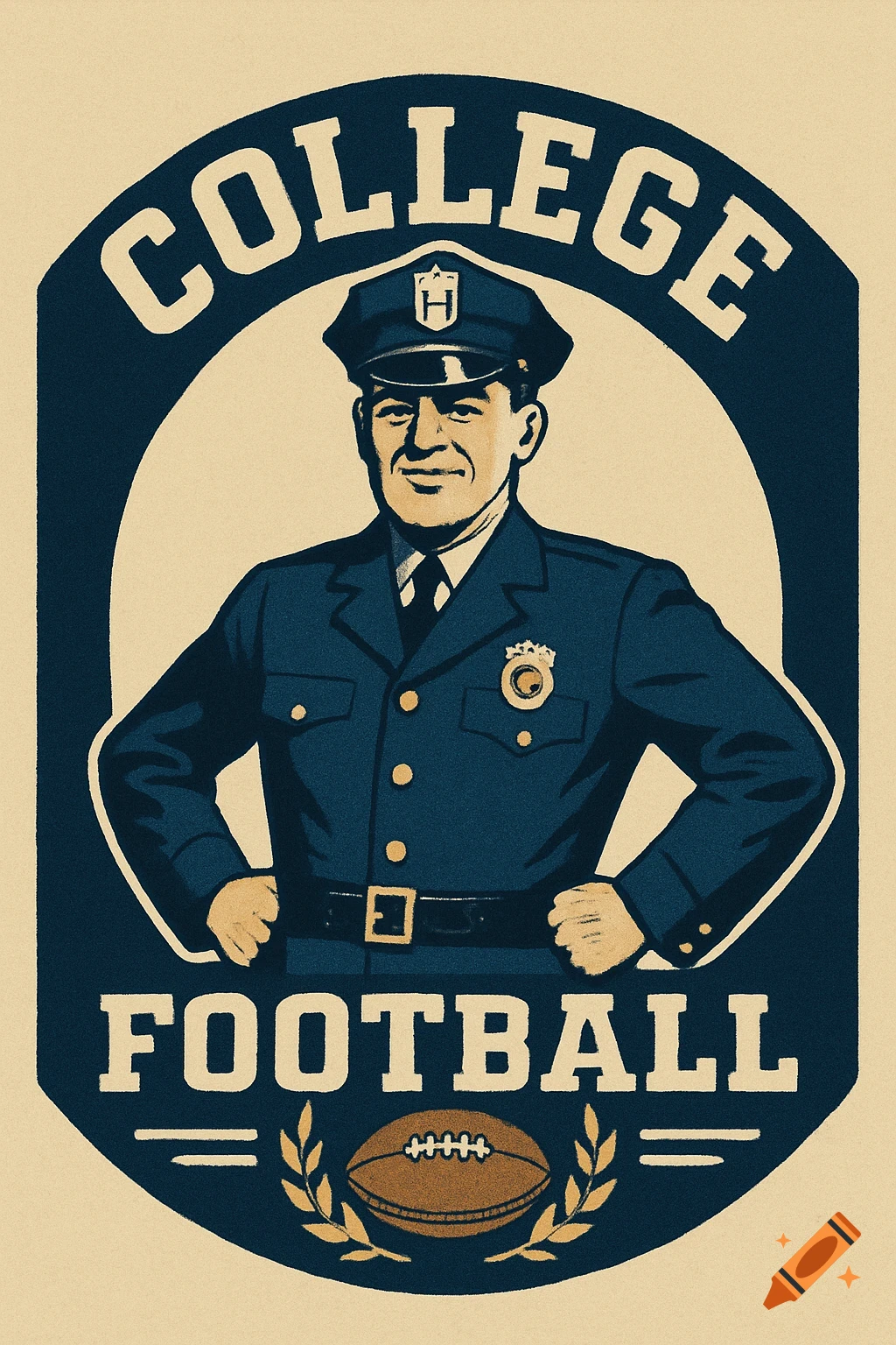 A vintage-style logo featuring a police officer with "COLLEGE FOOTBALL" text and a football.