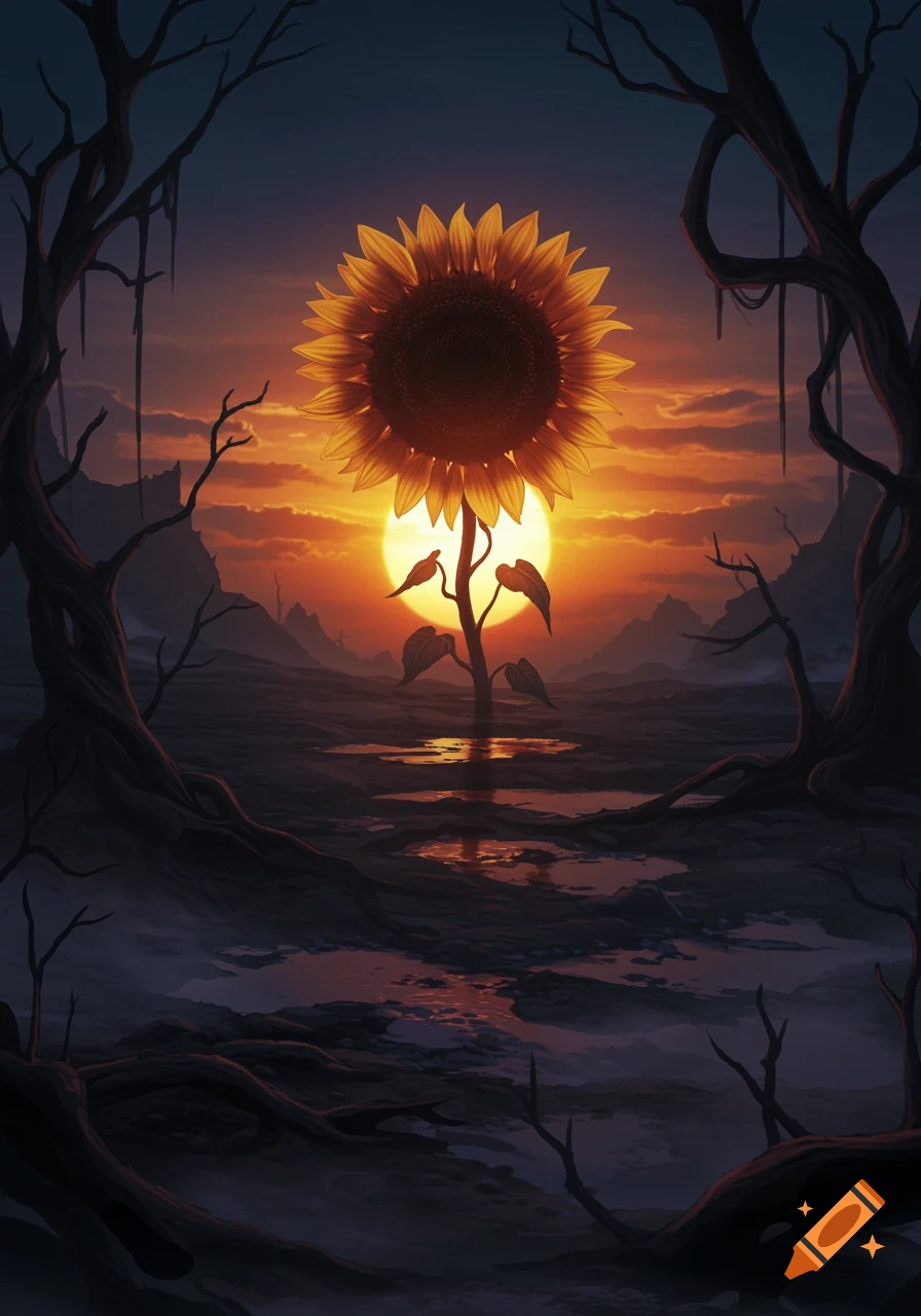 A vibrant sunflower glows against a setting sun in a dark, gnarled landscape with reflective puddles.