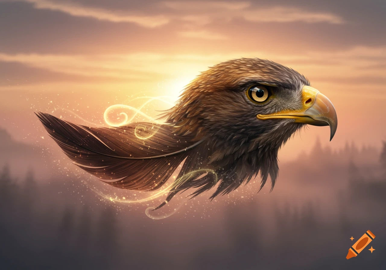 A highly detailed digital art image of an eagle's head morphing into a feather, with glowing swirls against a hazy sunset sky.