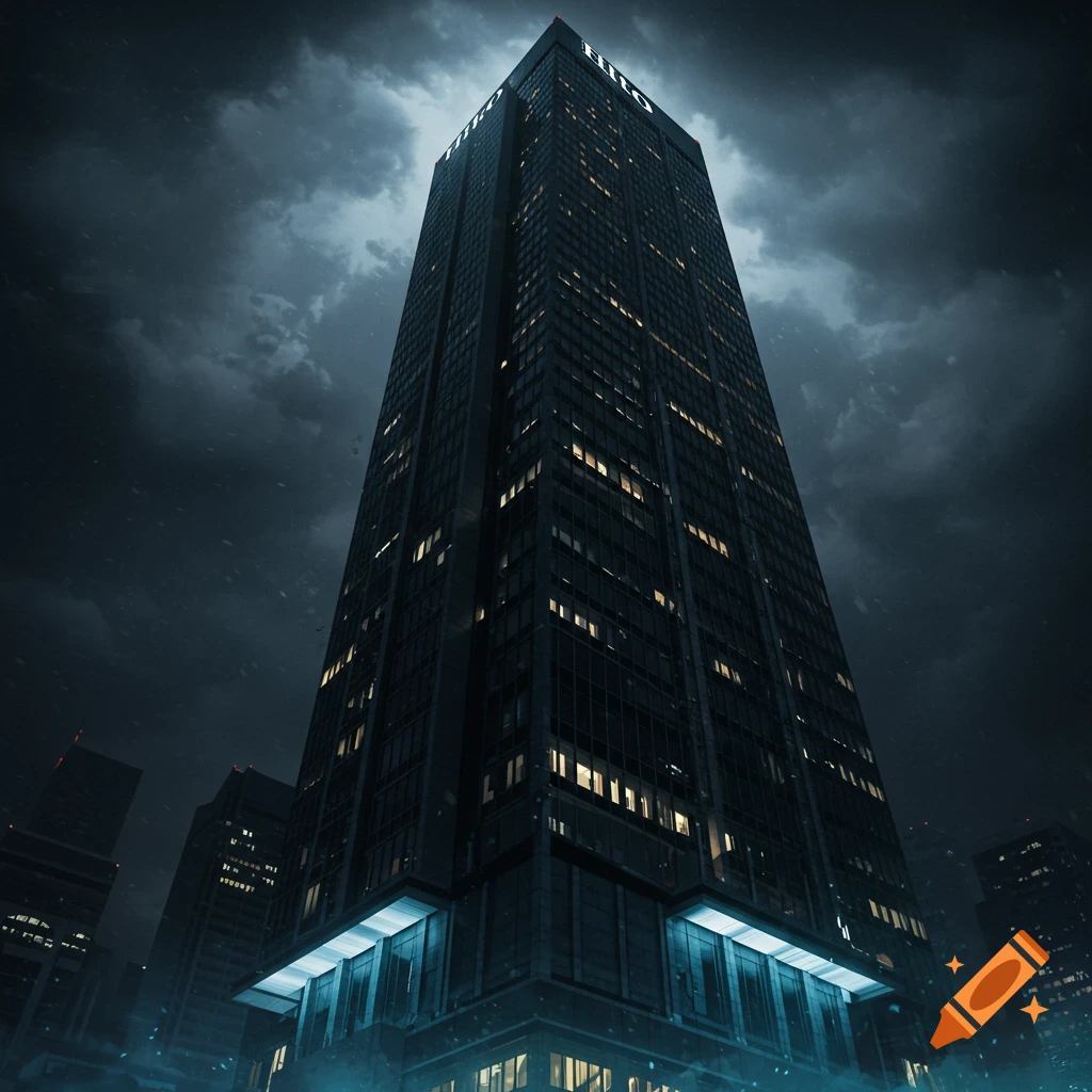 A tall, dark skyscraper with 'HILTON' lit up at the top, seen from below against an ominous dark, cloudy sky with light snowfall.