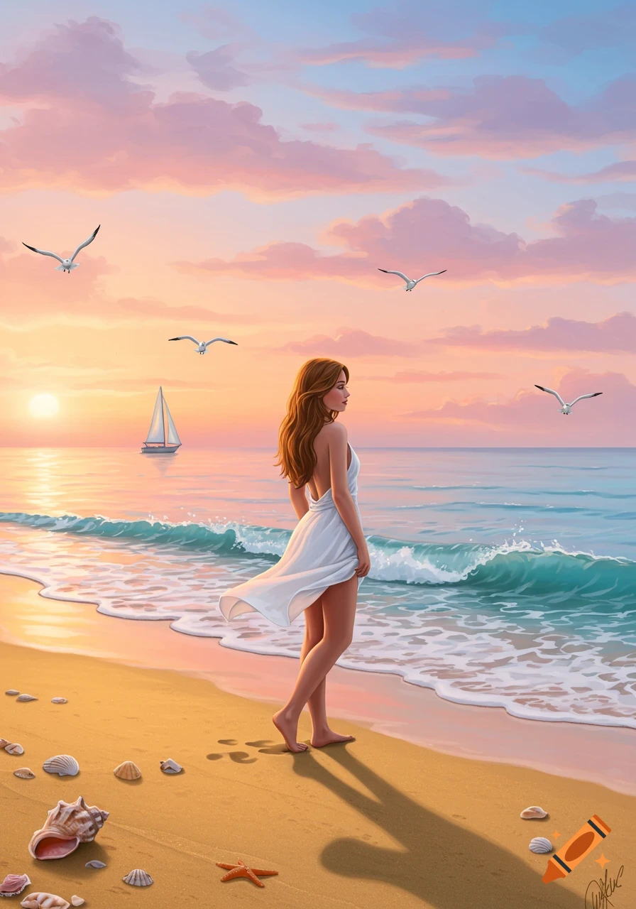 A woman in a white dress stands on a sandy beach looking at the ocean during a vibrant sunset with seagulls flying and a sailboat.
