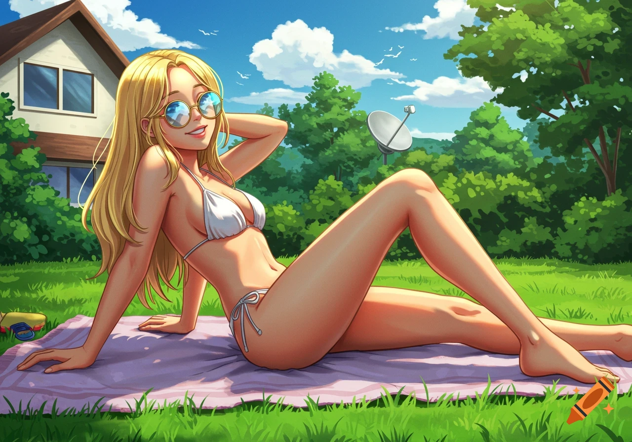 An anime-style blonde woman wearing a white bikini and sunglasses, sunbathing on a purple towel in a grassy backyard with a house and trees.