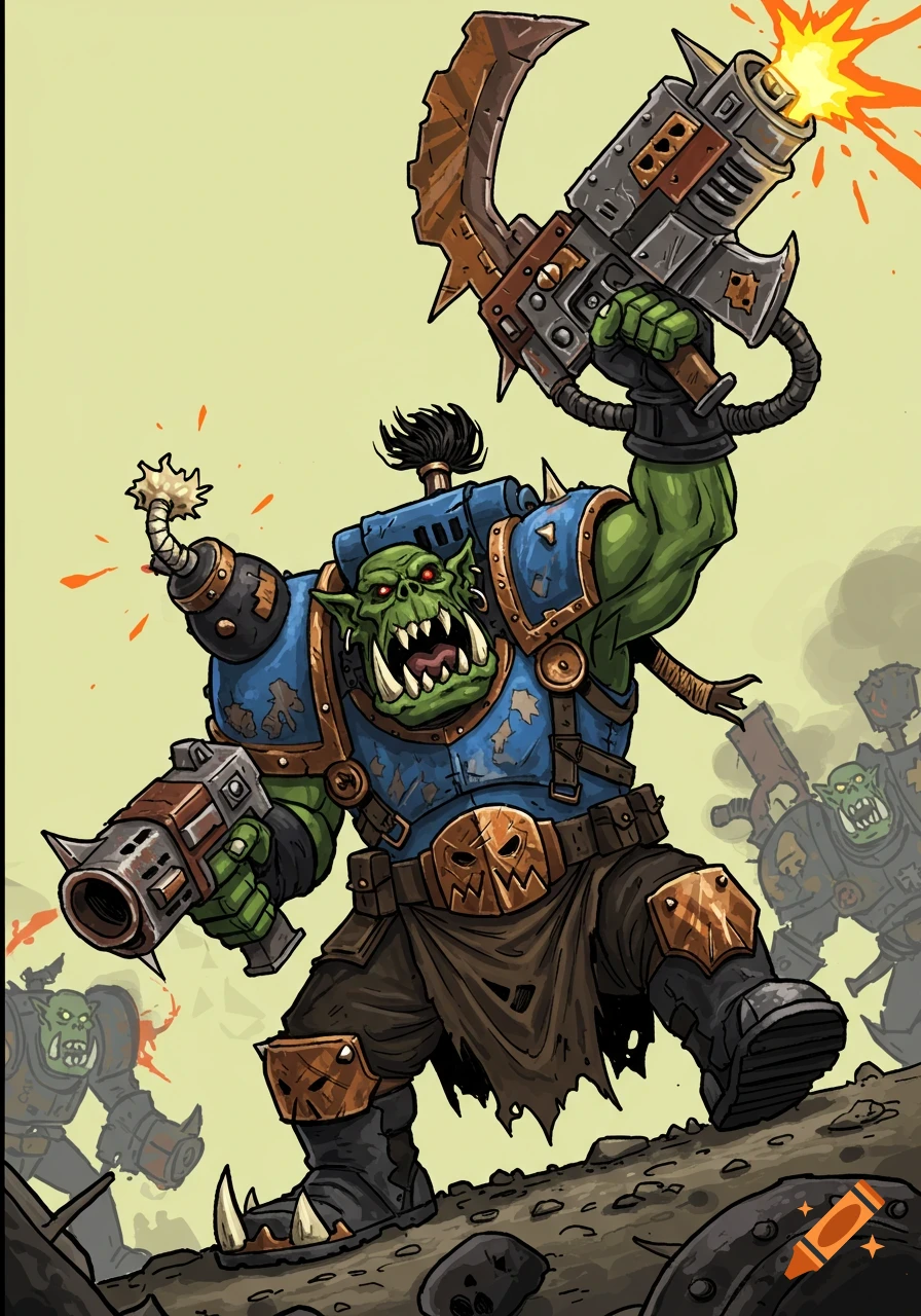 A stylized, cartoon-like Ork from Warhammer 40k in blue armor, roaring with a large choppa overhead and a blasting slugga.