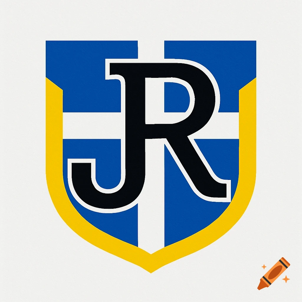 A blue and white shield logo with a yellow border, featuring the black letters 'JR' intertwined over a white cross.