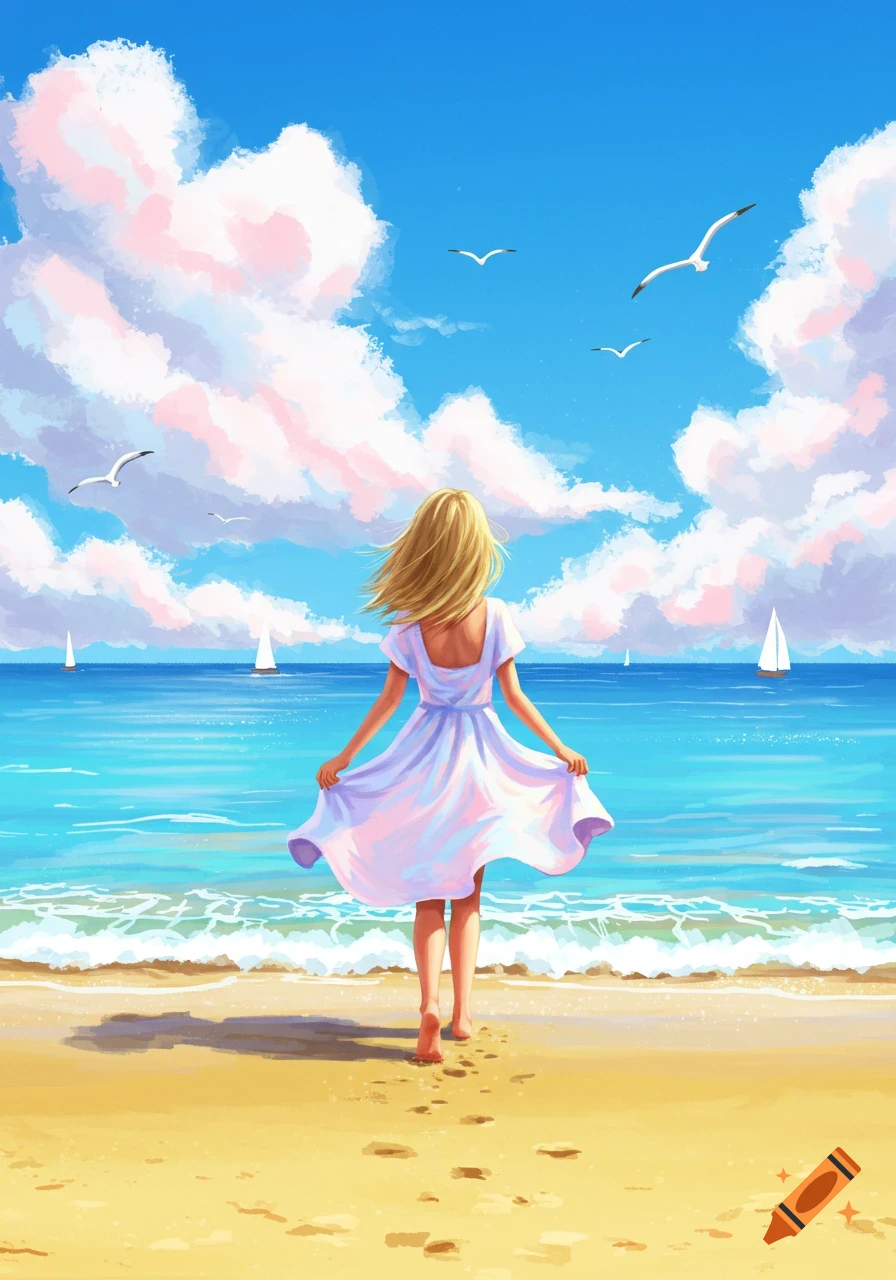 Stylized illustration of a blonde woman in a white dress walking on a sunny beach towards the ocean, with gulls and sailboats.