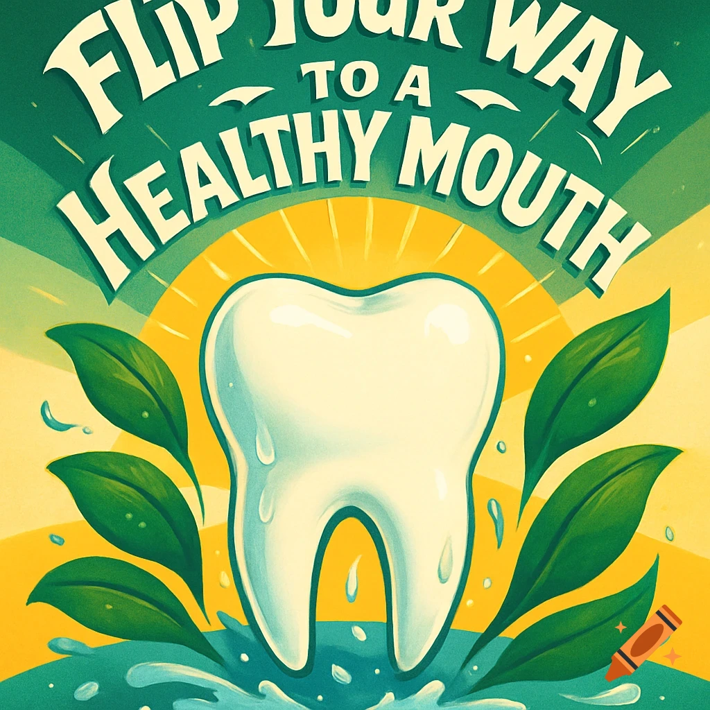 An illustration of a shiny white tooth with water splashes and green leaves against a sunburst background. Text reads 'FLIP YOUR WAY TO A HEALTHY MOUTH'.
