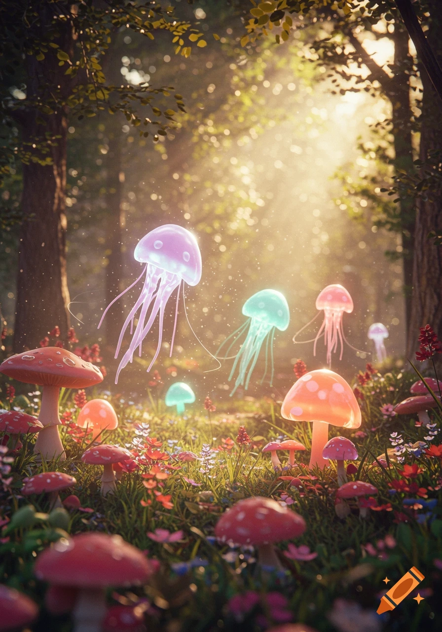 Glowing jellyfish float through a magical forest filled with colorful, illuminated mushrooms and dappled sunlight.