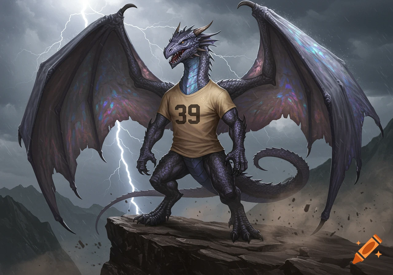A purple dragon wearing a tan t-shirt with '39' stands on a rocky cliff under a stormy sky with lightning.