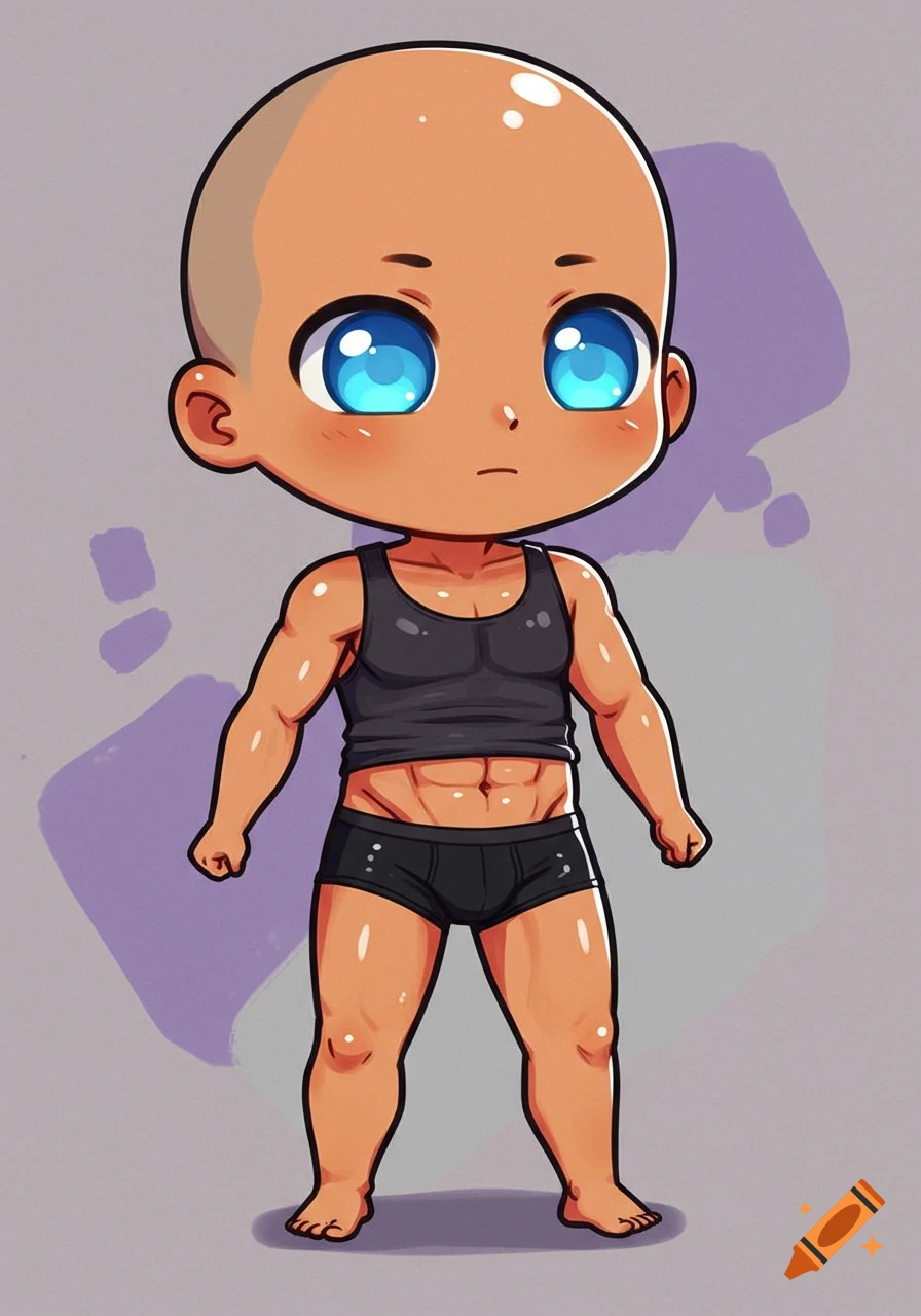 A cute, bald, muscular chibi cartoon character with blue eyes, wearing a black tank top and black underwear.