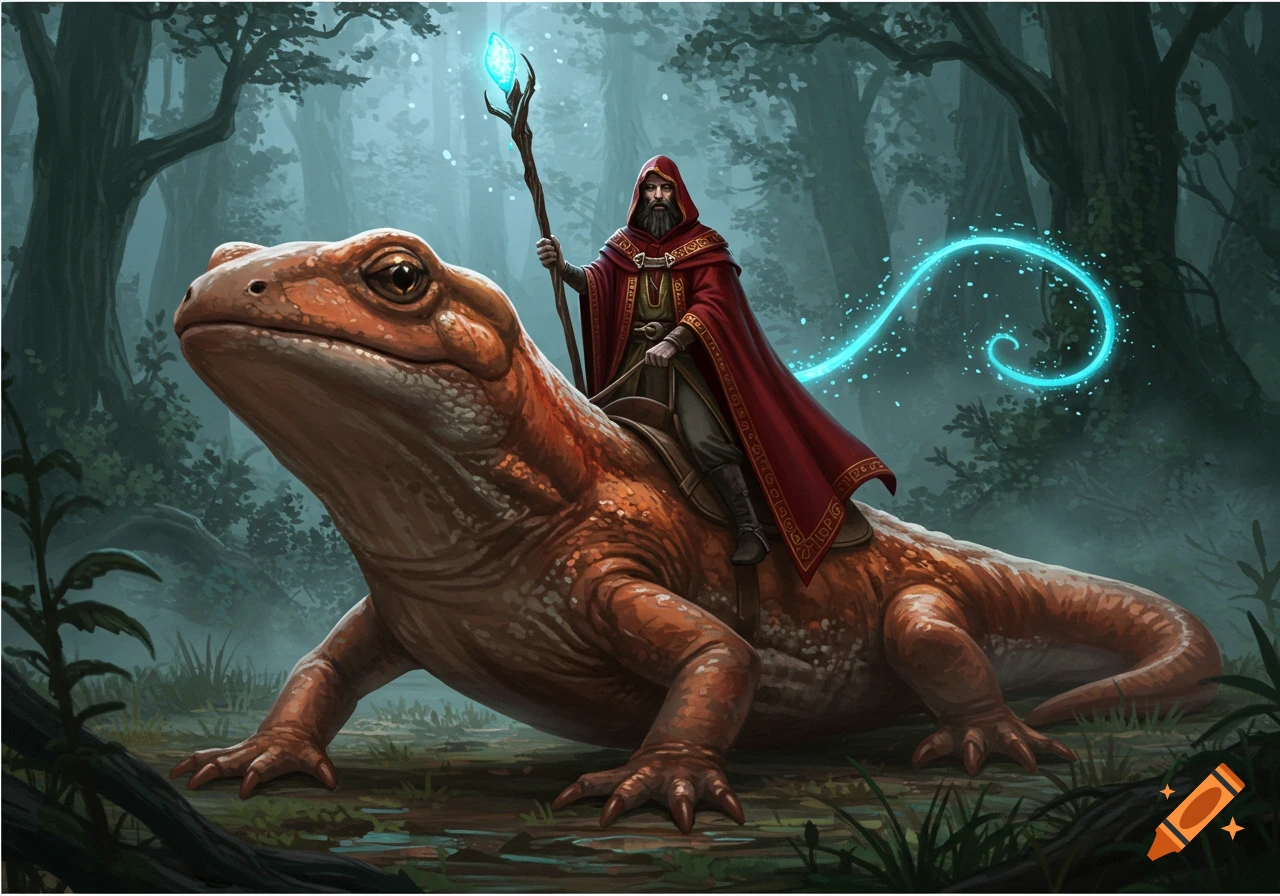 A wizard in a red cloak riding a giant orange salamander through a misty forest, holding a glowing blue staff.