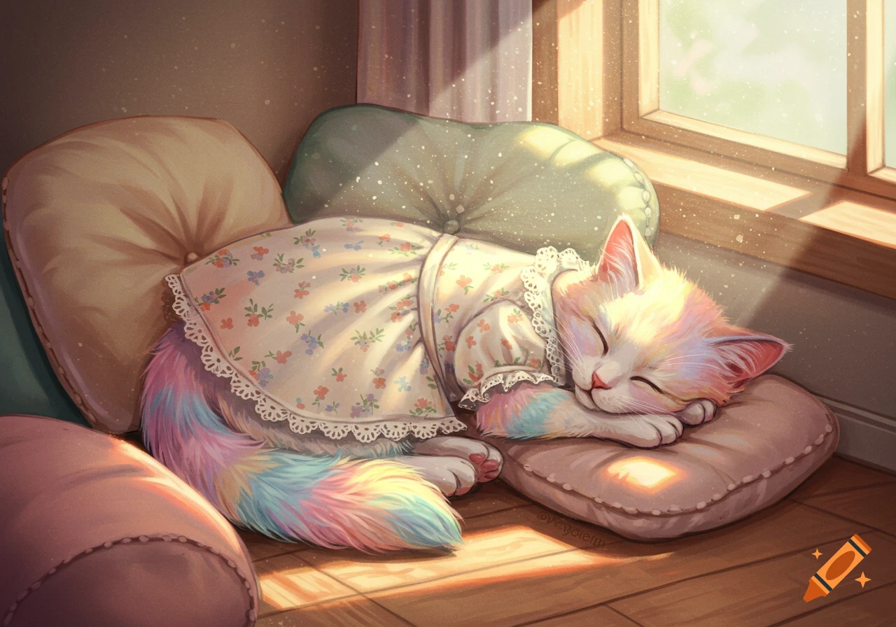 A cute rainbow cat wearing a floral dress sleeps peacefully on a pillow in sunlight.