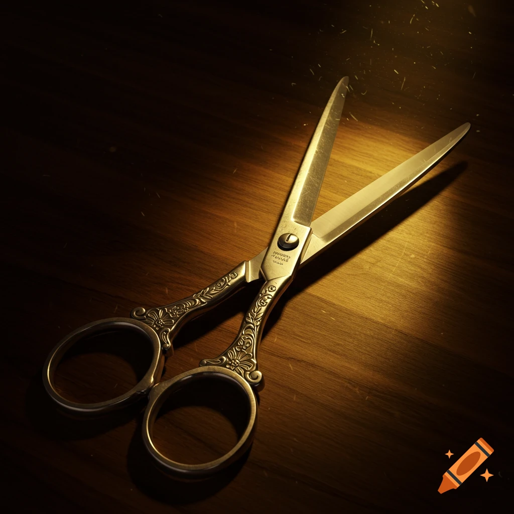 Ornate silver scissors on a dark wooden table with dramatic lighting.