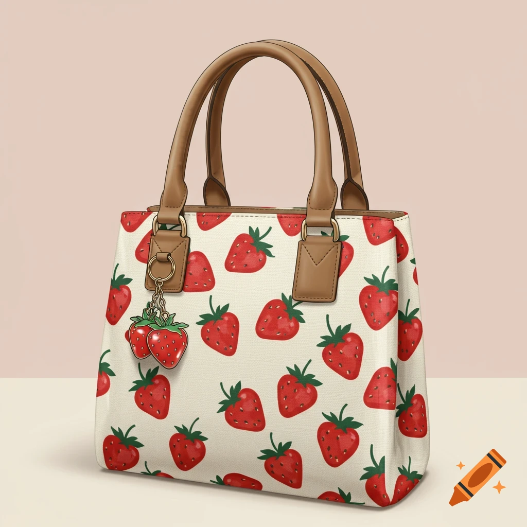 A white shoulder bag with a repeating red strawberry pattern and strawberry-shaped charms hanging from a gold ring on the handle. The bag has tan leather handles and accents.
