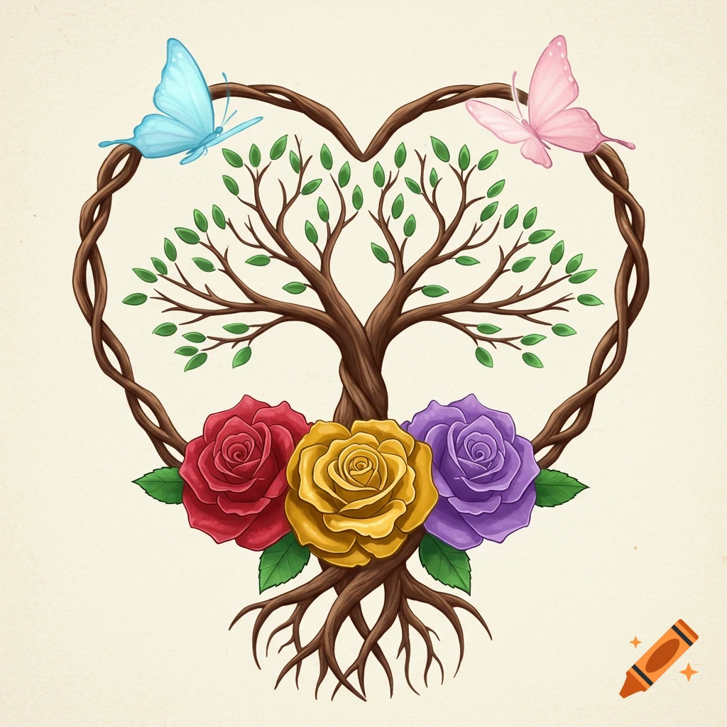 An illustration of a heart-shaped tree with roots, green leaves, and three roses (red, yellow, purple) at its base, with a blue and pink butterfly on either side.