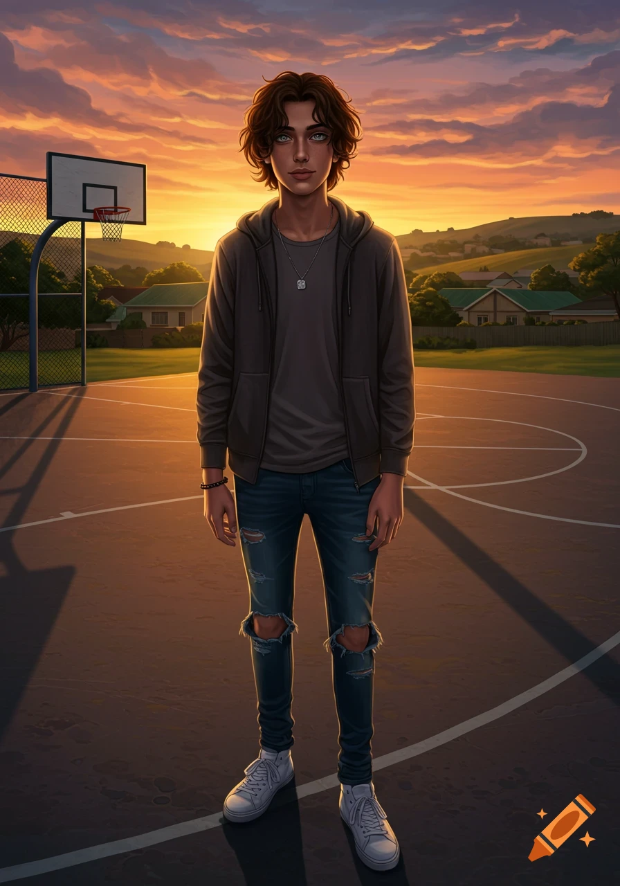 A confident boy with wavy hair and ripped jeans stands on an outdoor basketball court at sunset in an illustrated style.