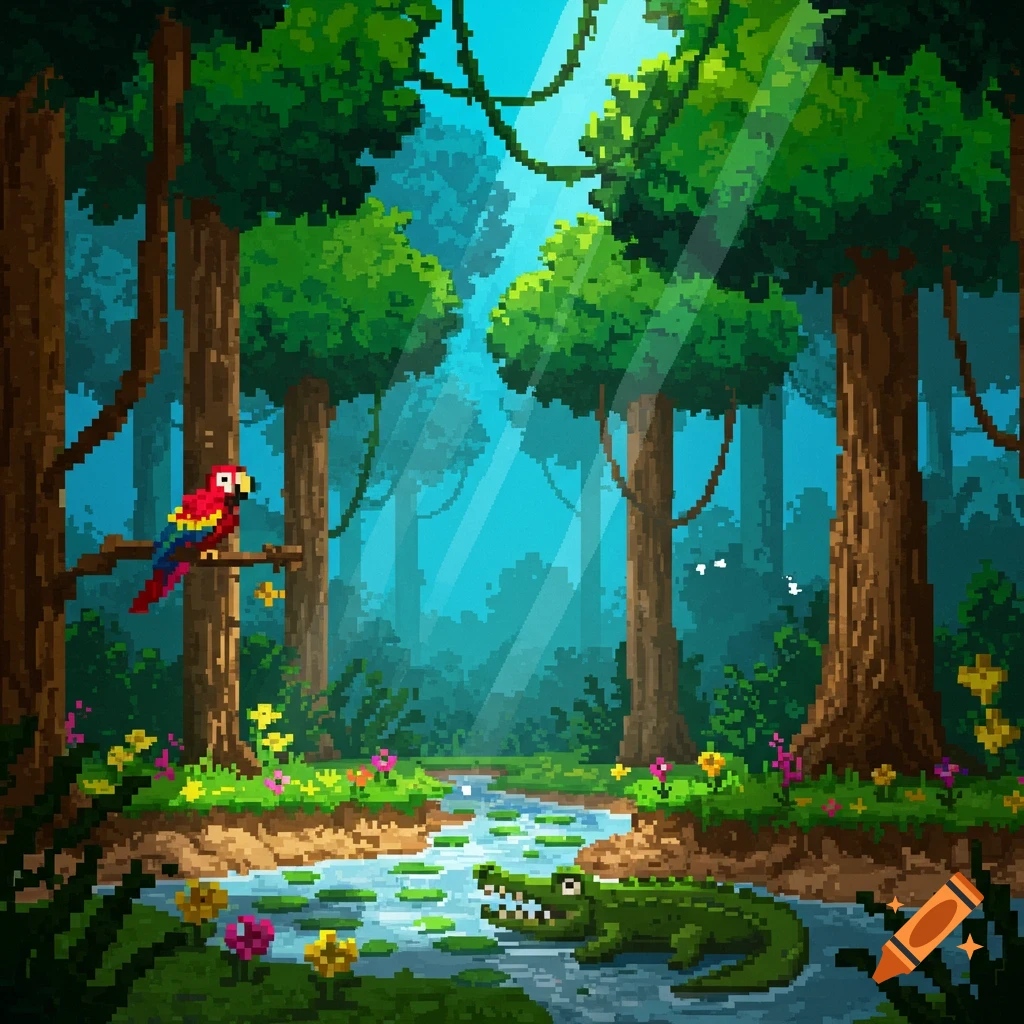 Vibrant 8-bit pixel art jungle scene with a red parrot on a branch, an alligator in a stream, and sunbeams.