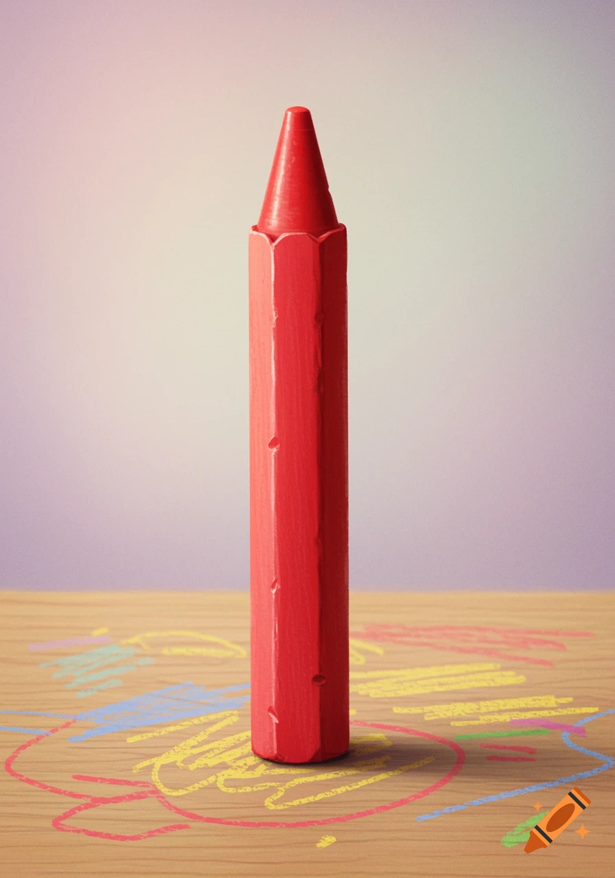 A close-up, photorealistic image of a red crayon standing upright on a wooden table covered in colorful scribbles.