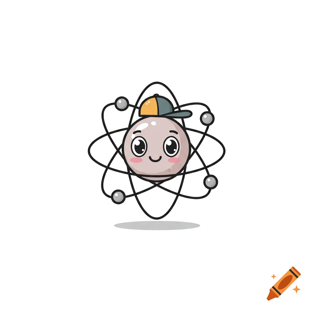 A cute cartoon atom with a smiling face and a baseball cap on a white background.