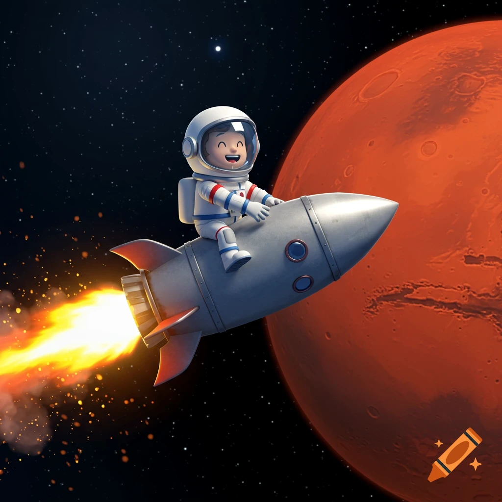 A cheerful cartoon astronaut rides a white rocket like a horse, blasting off through space towards the red planet Mars.