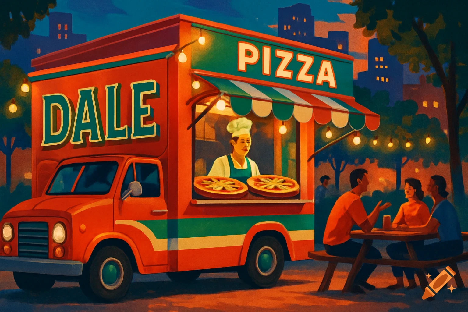 A red pizza food truck named DALE, with a chef inside and people eating at an outdoor picnic table in a stylized evening scene.