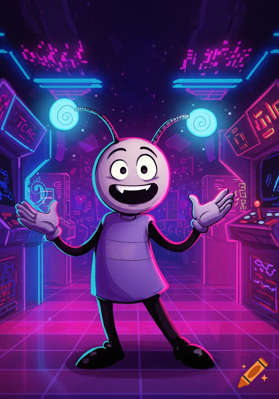A smiling, round, purple cartoon character with antennae stands in a neon-lit arcade, surrounded by glowing arcade machines.