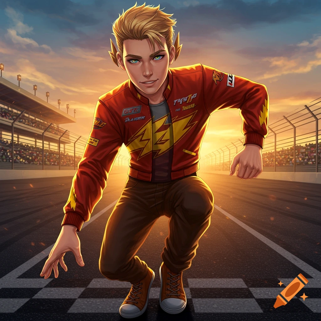 Blond, pointy-eared character in a red racing jacket with lightning bolts, crouching on a race track at sunset, anime style.