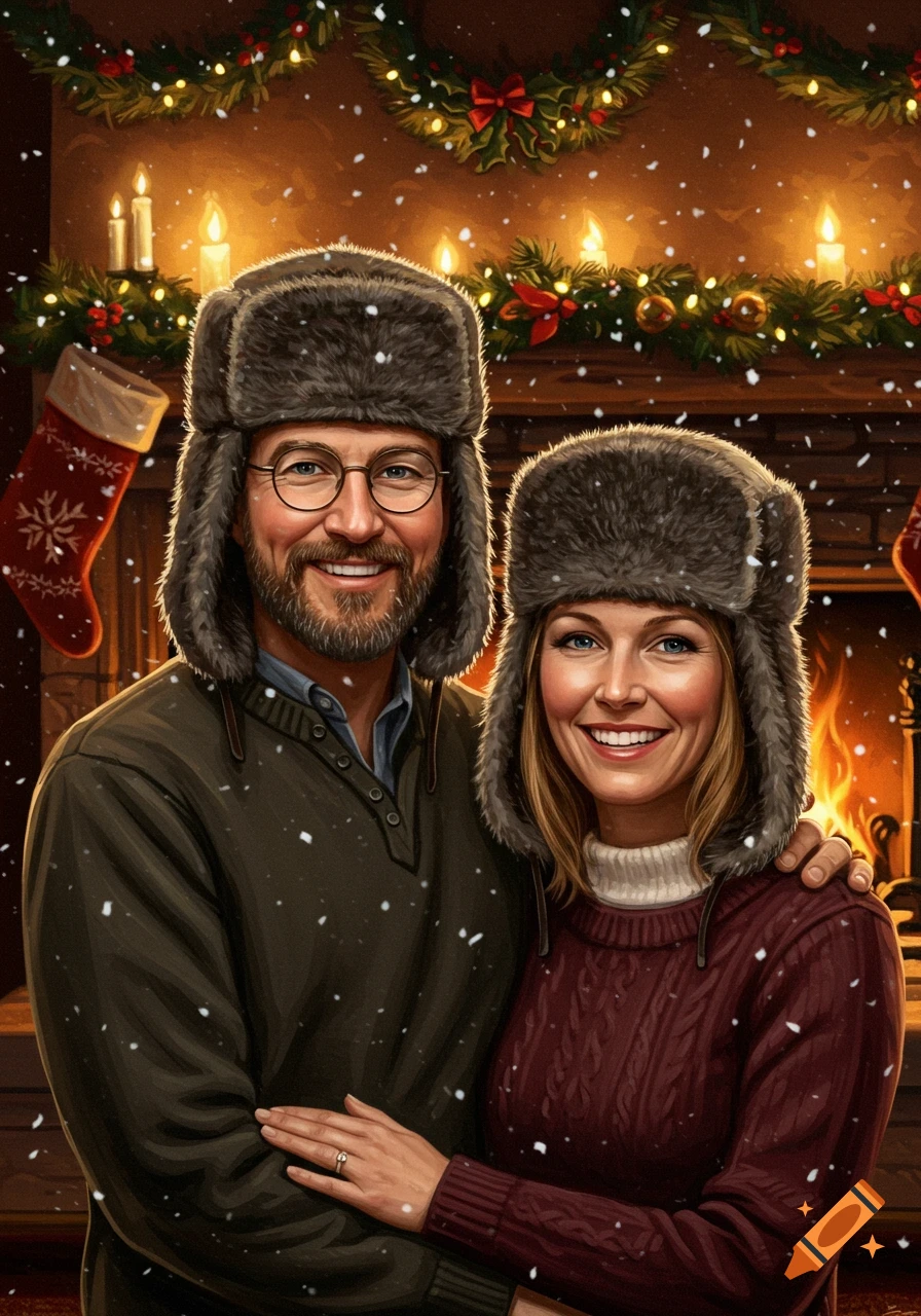 A smiling man and woman in fur trapper hats pose in front of a festive fireplace with falling snow.
