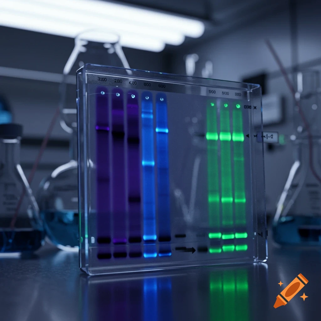 A close-up shot of a glowing gel electrophoresis plate with purple, blue, and green bands in a dark laboratory setting, surrounded by beakers.
