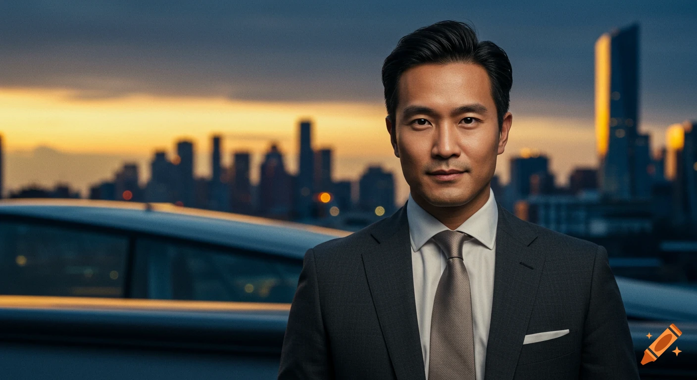 A professional-looking man in a suit stands in front of a city skyline at sunset.