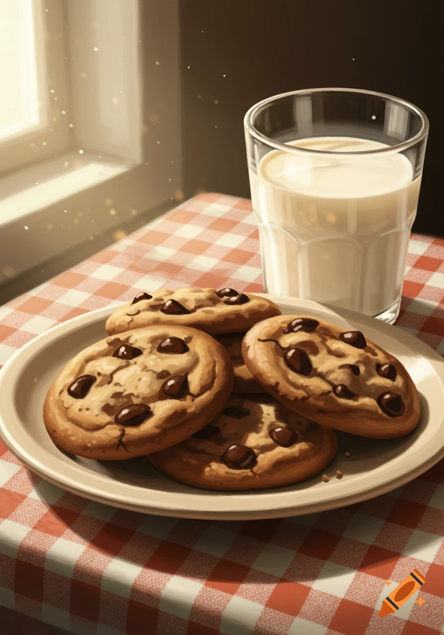 A plate of chocolate chip cookies and a glass of milk on a red and white checkered tablecloth near a sunlit window.