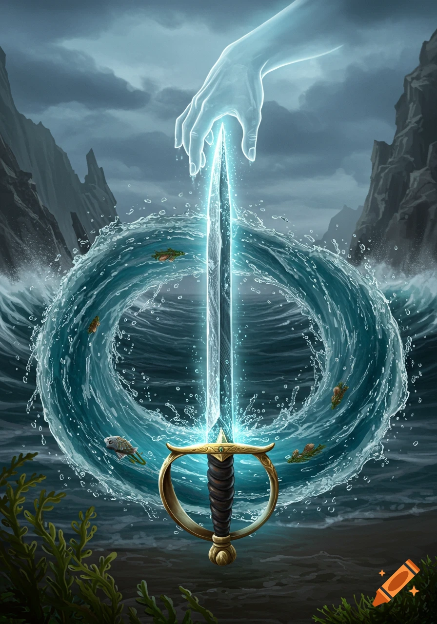 A glowing sword rises from a swirling ocean as an ethereal hand descends from stormy clouds, with rocky cliffs in the background.