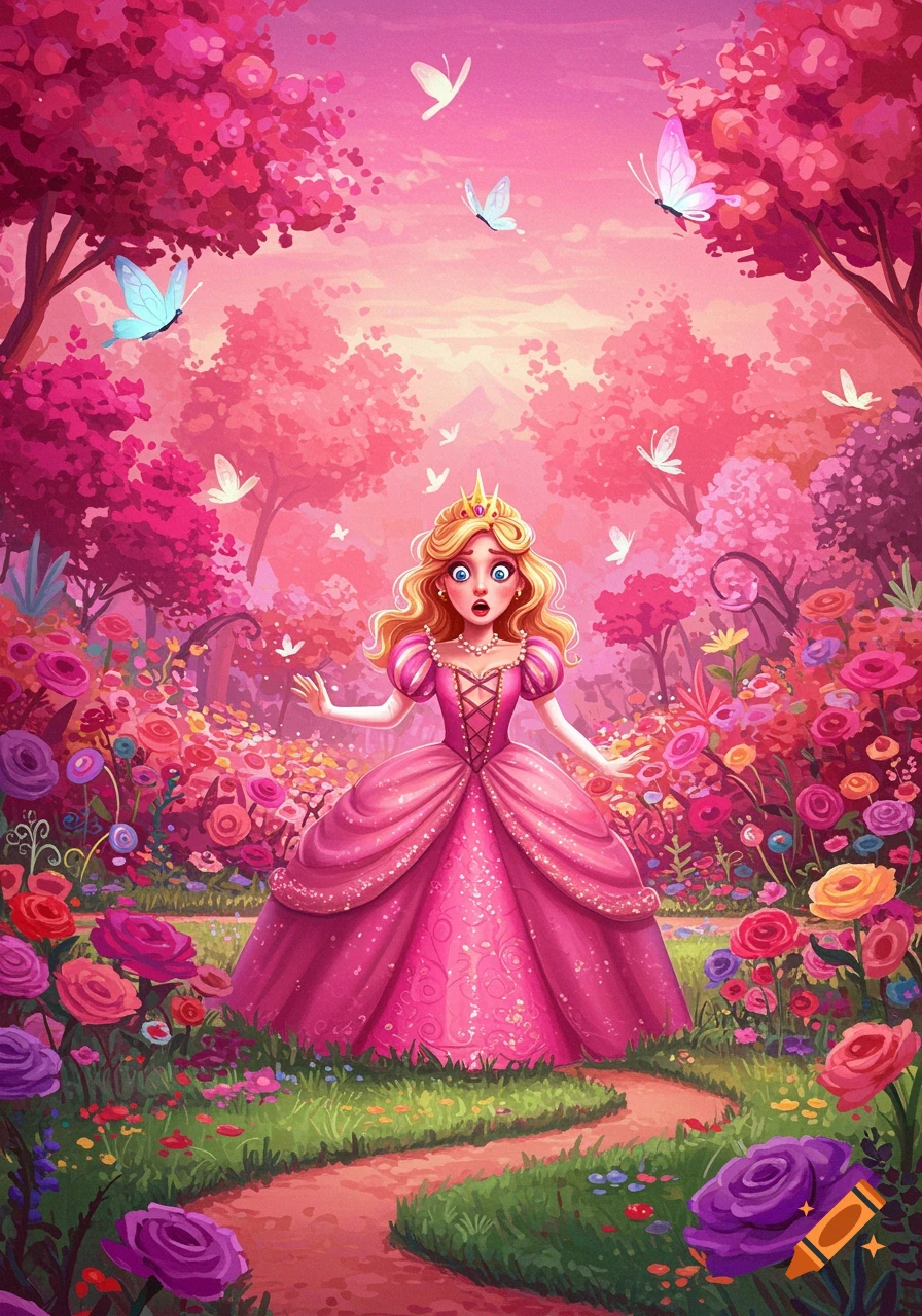 A wide-eyed princess in a vibrant pink dress stands in a magical, colorful garden filled with pink trees, butterflies, and blooming flowers.