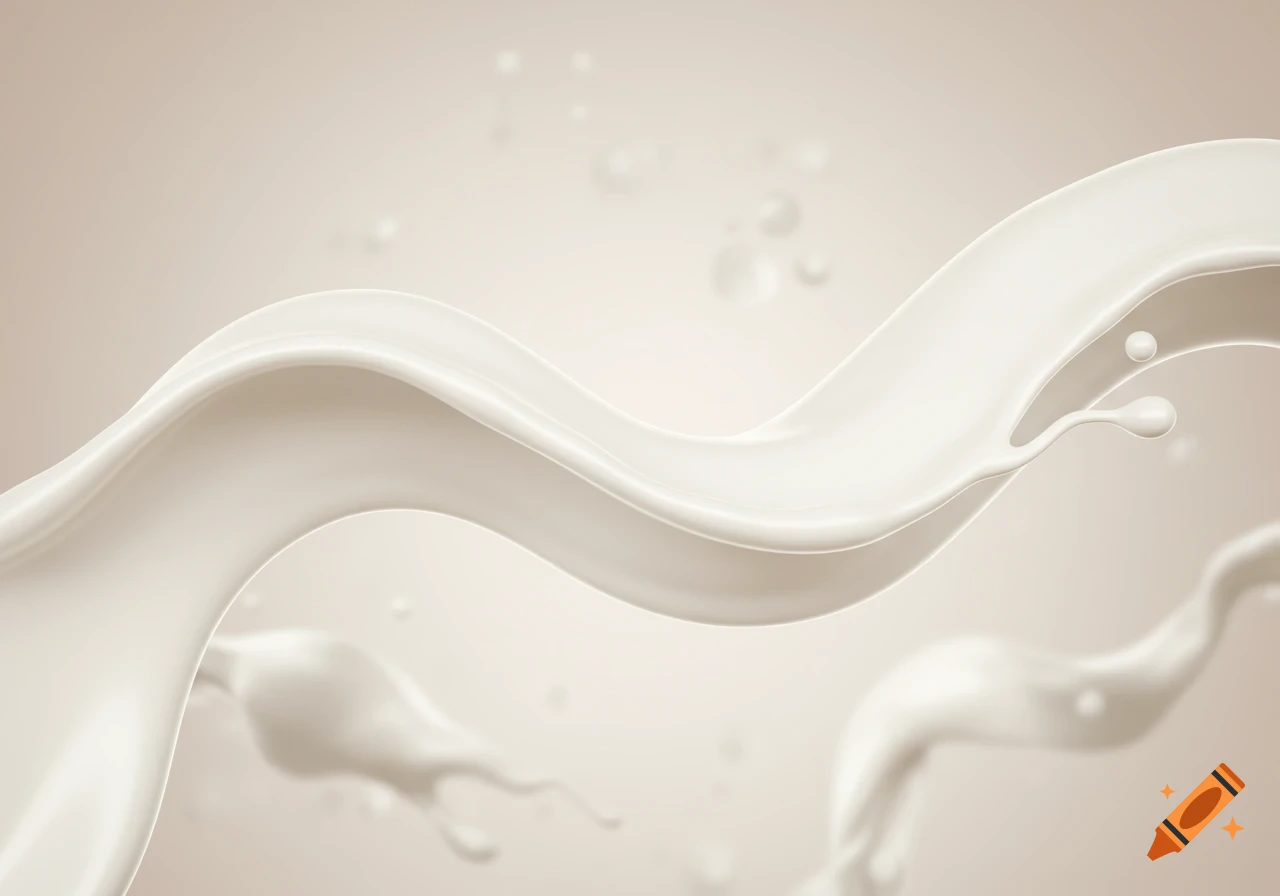 A dynamic splash of white milk against a light beige background, with smooth curves and droplets.