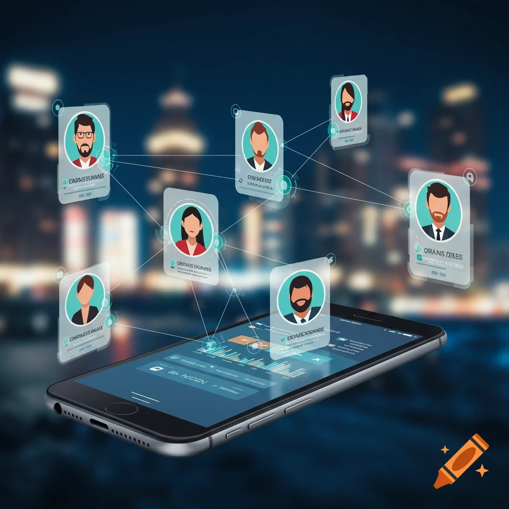 A smartphone displaying a business networking app, with glowing holographic user profiles connected by lines, against a blurry city.