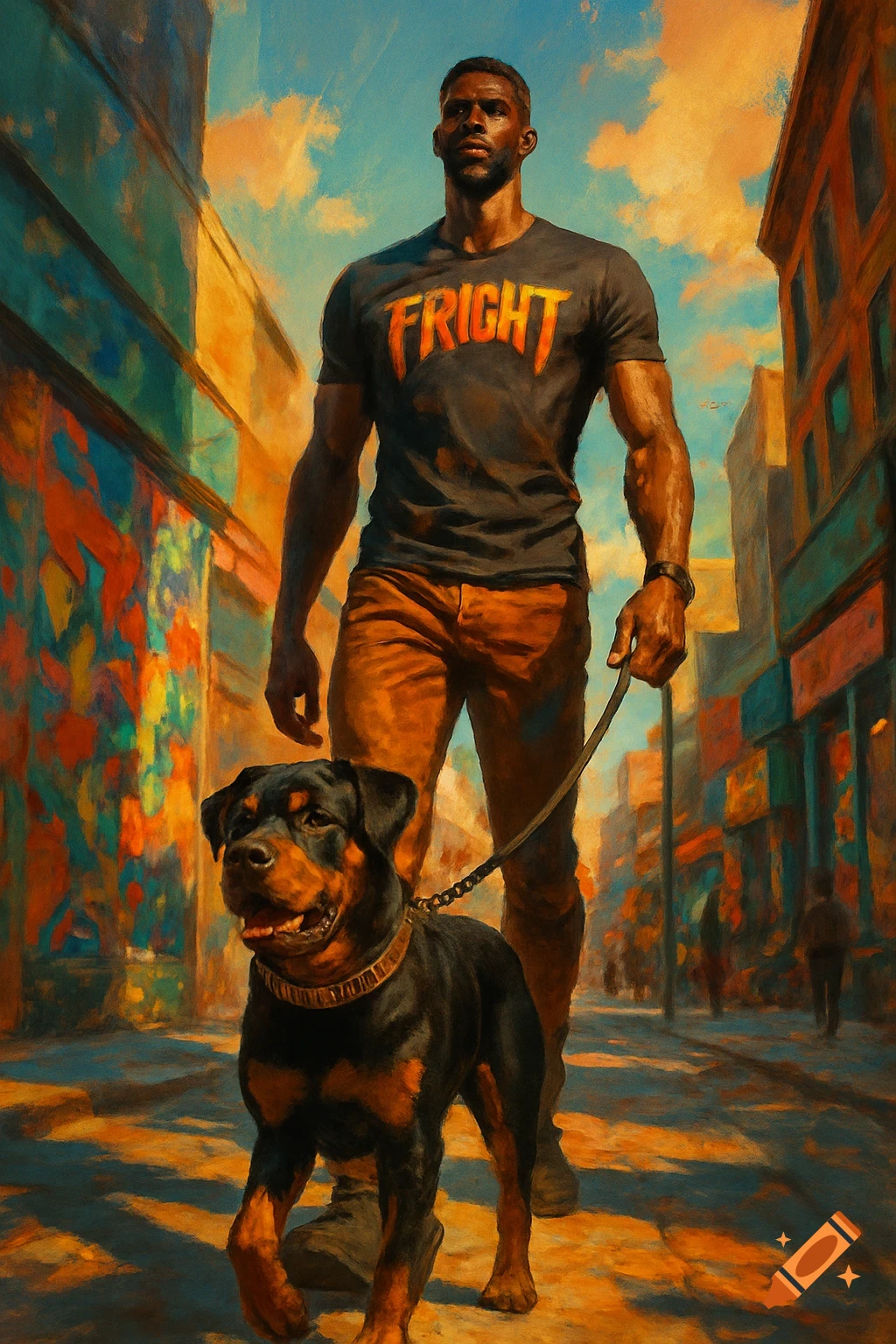 A man in a FRIGHT shirt walks a Rottweiler down a sunny city street in a painterly style.