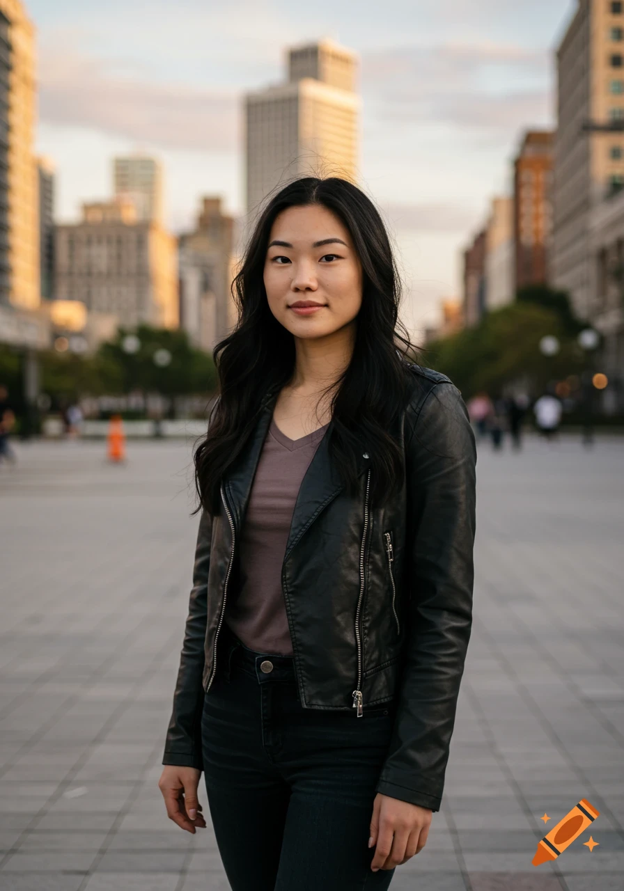 A young woman with long dark hair stands in a city square, wearing a black leather jacket and dark pants. Tall buildings are in the background.