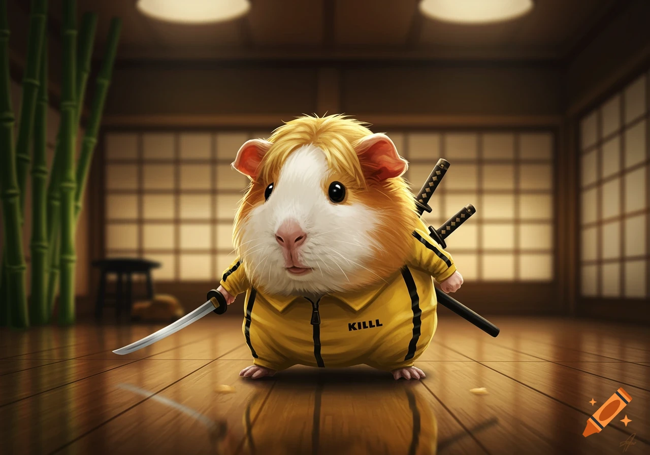 A cute guinea pig in a yellow tracksuit and blonde hair, holding a katana in a Japanese room.