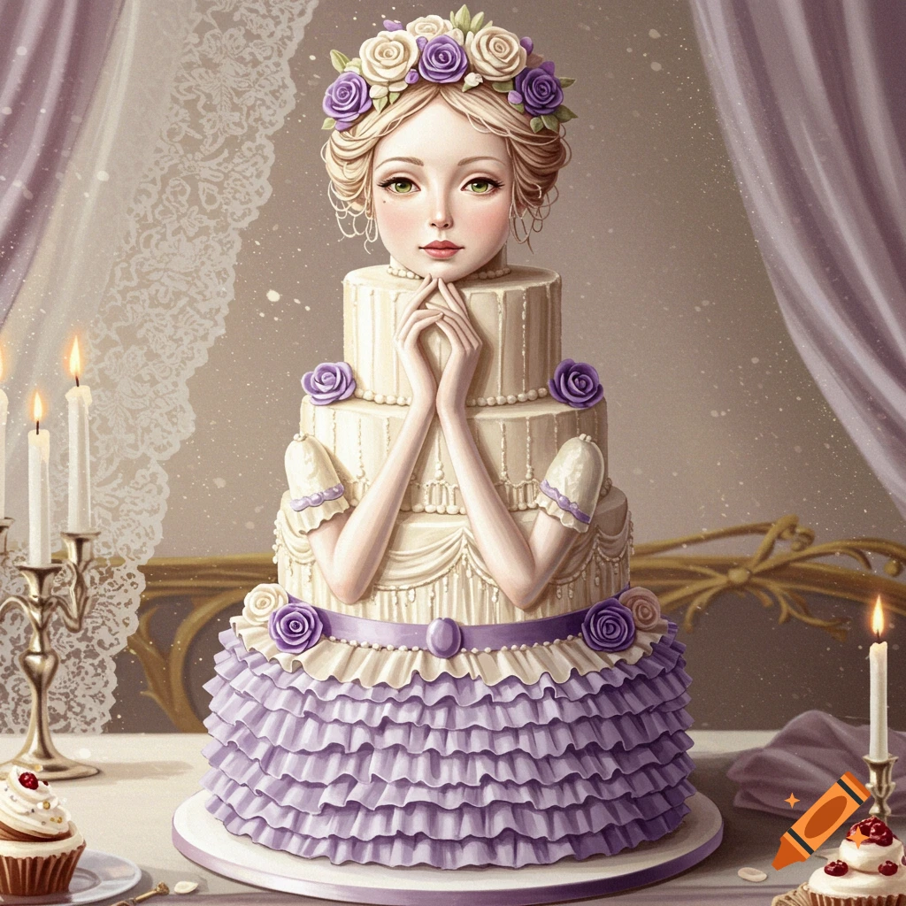 An elaborate tiered cake designed as a woman's upper body, featuring a floral crown, clasped hands, and purple and white ruffles, set on a table with candles and cupcakes.