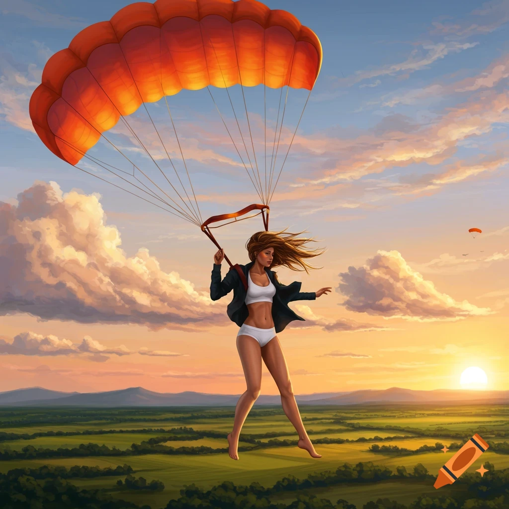 A woman in white underwear and a black jacket parachutes at sunset over a green landscape. Digital art.