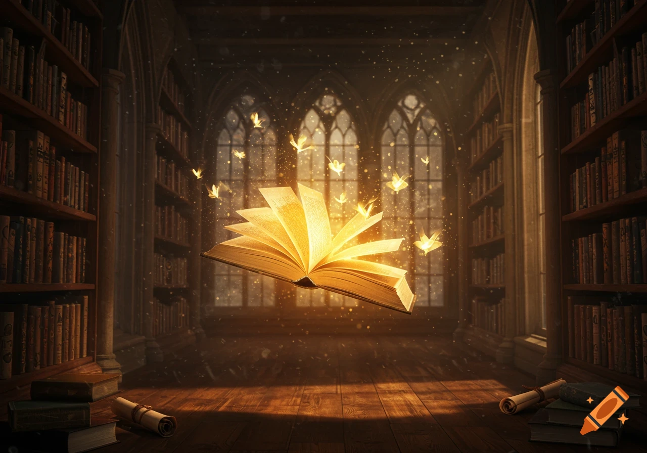 A glowing, open magical book floats in a grand, dimly lit library with tall bookshelves and arched windows, surrounded by golden butterflies and sparkling dust.
