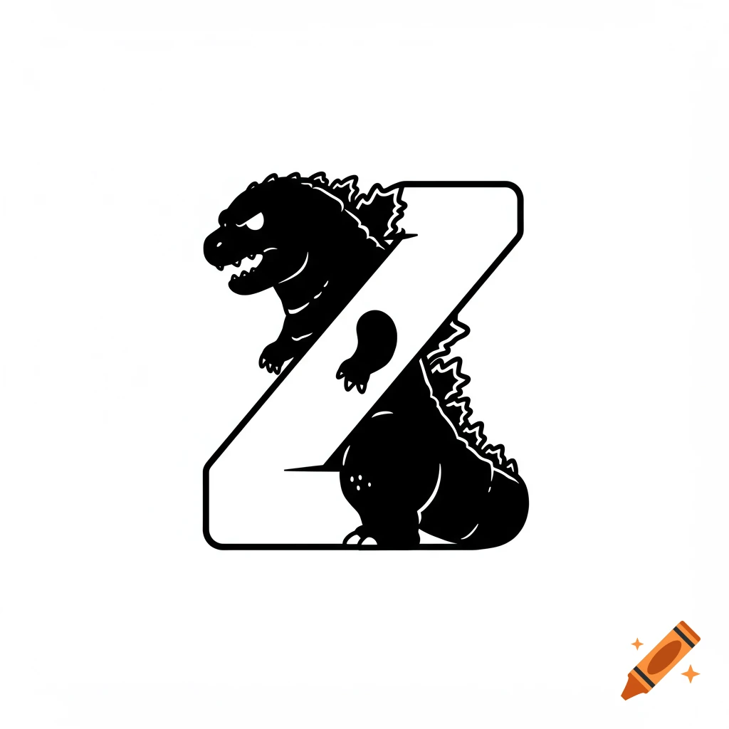 A simple cartoon Godzilla, black silhouette, breaking out of the letter Z.
