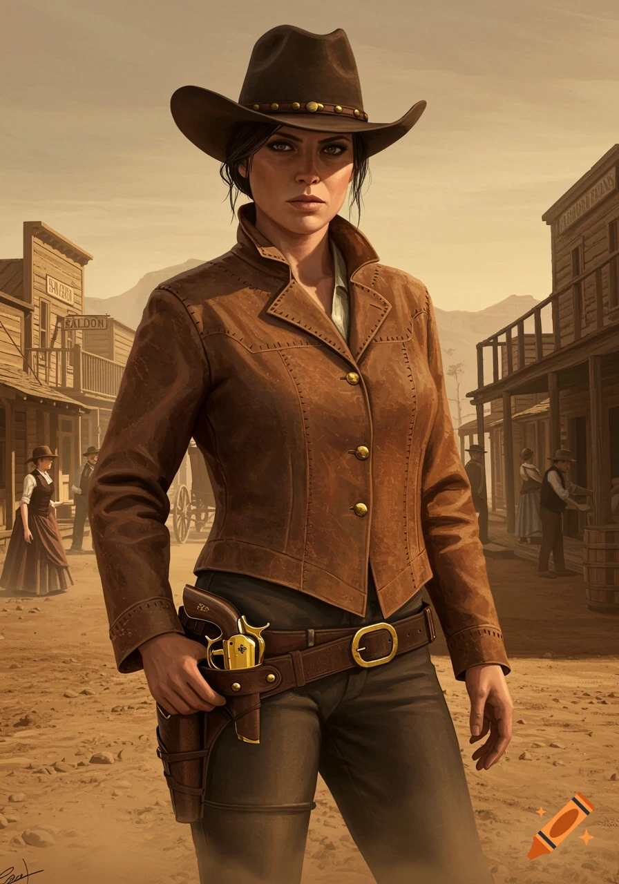 A photorealistic image of a stern woman in a brown leather jacket and cowboy hat, holding a golden pistol in an Old West town.