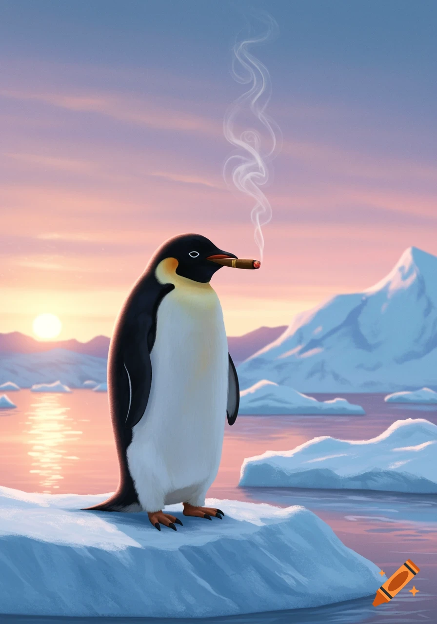 An artistic illustration of an emperor penguin standing on an ice floe, smoking a cigar, with a sunset over icy waters and mountains in the background.