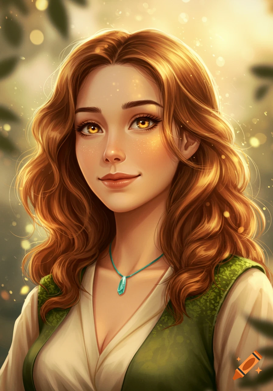 Portrait of a young woman with long wavy brown hair, golden eyes, and a teal necklace, smiling gently in a sunlit, soft natural background.