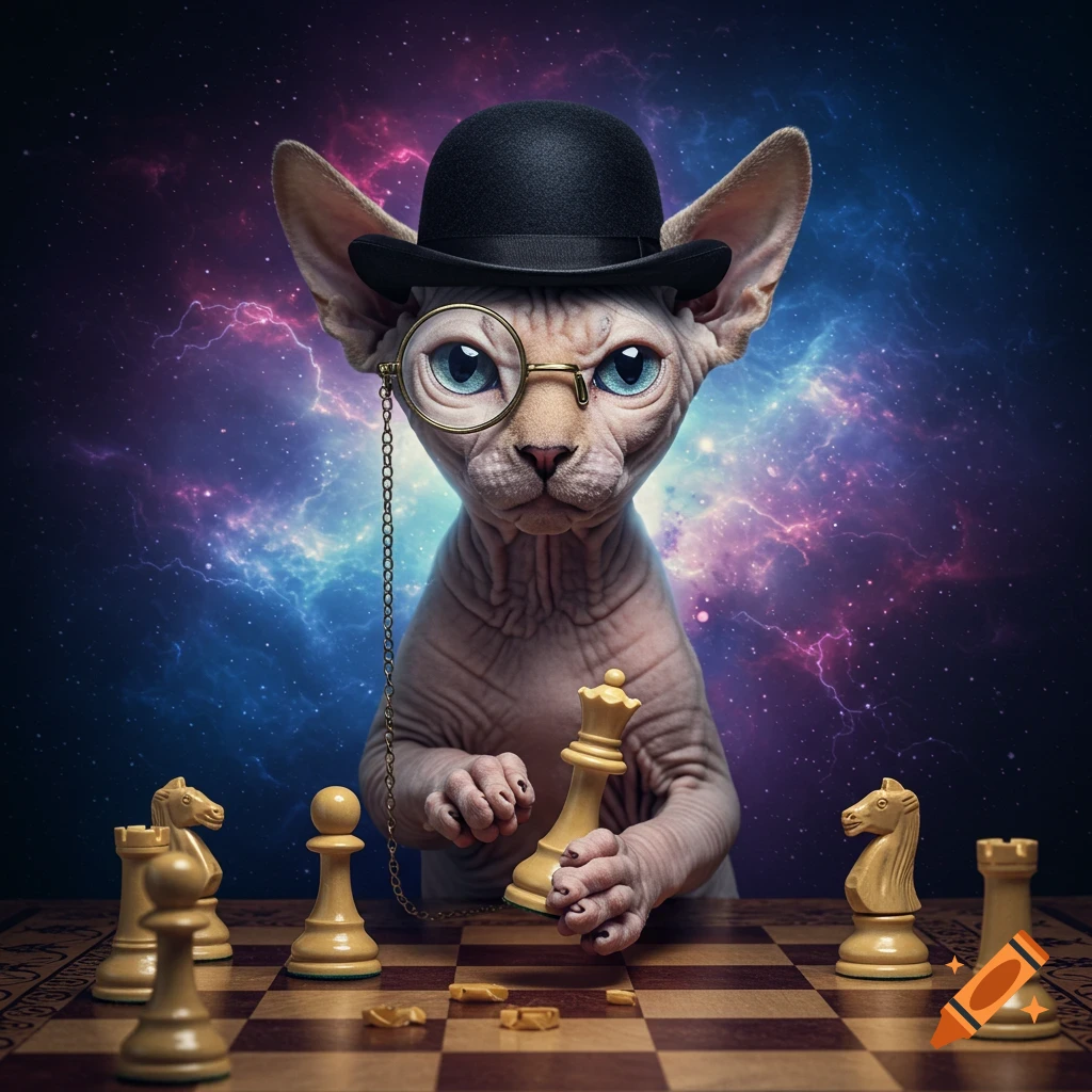 A hyperrealistic Sphynx cat wearing a bowler hat and monocle, holding a chess queen on a chessboard, against a swirling nebula background.