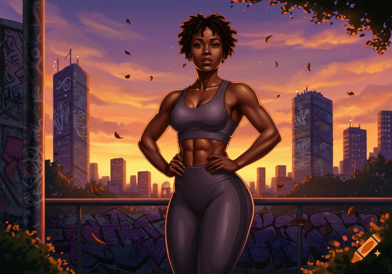 A fit black woman with short curly hair poses in athletic wear against an urban sunset skyline with graffiti.