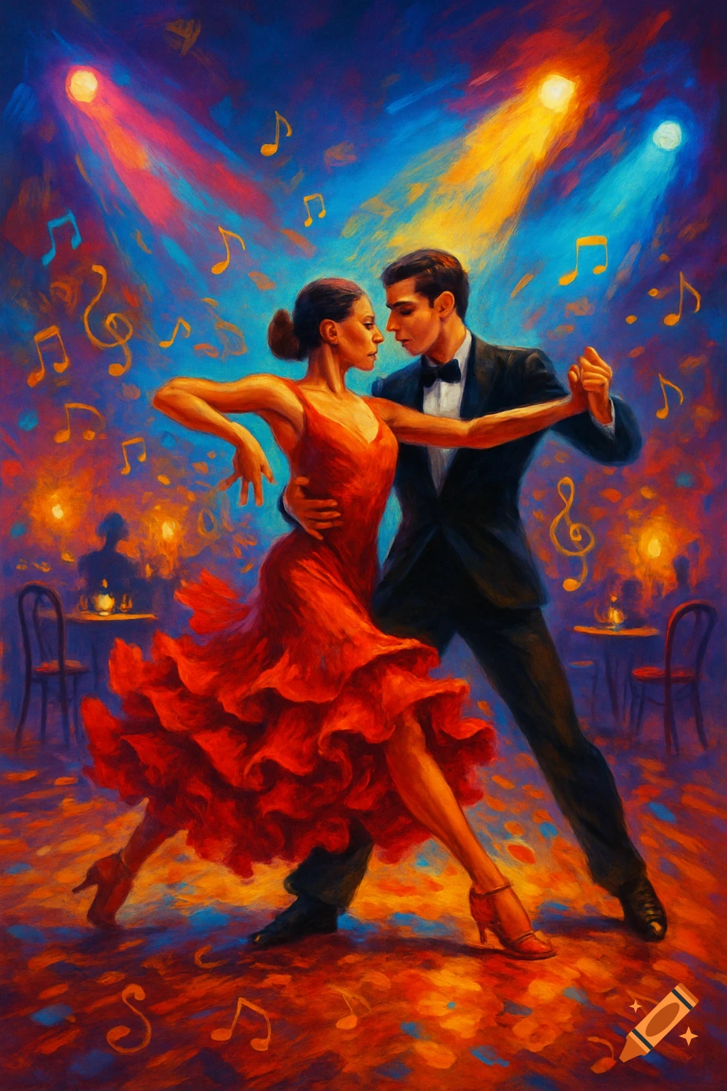 A vibrant, impressionistic painting of a man and woman dancing salsa under spotlights, surrounded by musical notes in a dimly lit club.