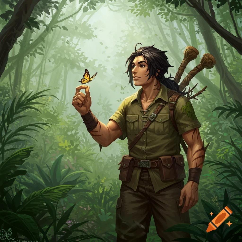 An anime-style illustration of a man with black hair and striped arms, in an olive outfit, holding a yellow butterfly in a lush jungle.