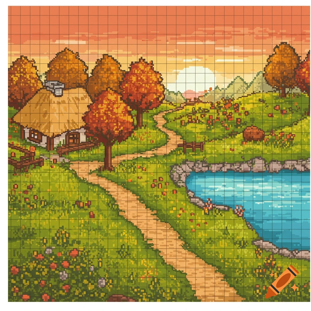 Pixel art of an autumn landscape with a house, winding path, pond, and sunset, all on a grid.