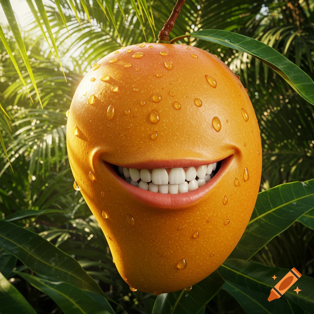 A realistic, juicy mango covered in water droplets hangs from a branch, smiling widely with human teeth.
